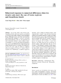Behavioral Responses to Numerical Differences When Two Invasive Ants Meet: the Case of Lasius Neglectus and Linepithema Humile