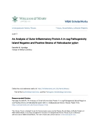 An Analysis of Outer Inflammatory Protein a in Cag Pathogenicity Island Negative and Positive Strains of Helicobacter Pylori