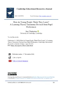 How Do Young People Think They Learn? a Learning Theory Taxonomy Devised from Pupil Preferences