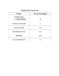 Table of Contents Topic Page Numbers