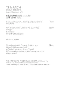 13 MARCH FRIDAY SERIES 10 Helsinki Music Centre at 19
