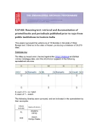 EAP188: Rescuing Text: Retrieval and Documentation of Printed Books and Periodicals Published Prior to 1950 from Public Institutions in Eastern India