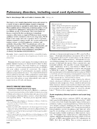 Pulmonary Disorders, Including Vocal Cord Dysfunction