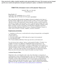 Tmst7151: Introduction to Patristic Theology