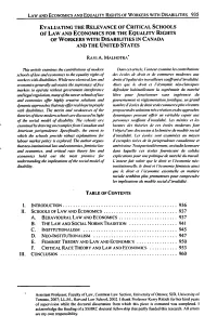 Evaluating the Relevance of Critical Schools of Law and Economics for the Equality Rights of Workers with Disabilities in Canada and the United States