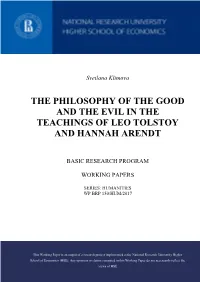 The Philosophy of the Good and the Evil in the Teachings of Leo Tolstoy and Hannah Arendt