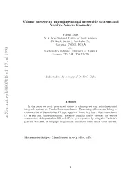 Volume Preserving Multidimensional Integrable Systems and Nambu