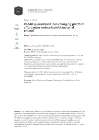 Reddit Quarantined: Can Changing Platform Affordances Reduce Hateful Material Online?