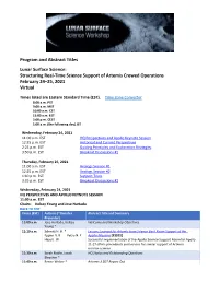 Program and Abstract Titles Lunar Surface Science: Structuring Real-Time Science Support of Artemis Crewed Operations February 2