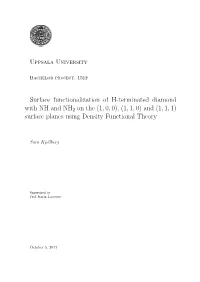 Surface Functionalization of H-Terminated Diamond with NH and NH2 on the (1, 0, 0), (1, 1, 0) and (1, 1, 1) Surface Planes Using Density Functional Theory
