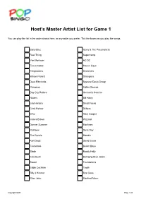 Host's Master Artist List for Game 1