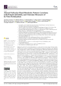 Altered Follicular Fluid Metabolic Pattern Correlates with Female Infertility and Outcome Measures of in Vitro Fertilization