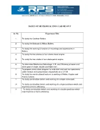 BASICS of MECHANICAL ENGG. LAB ME-107-F Sr. No Experiment