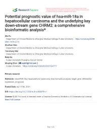 Potential Prognostic Value of Hsa-Mir-18A in Hepatocellular Carcinoma and the Underlying Key Down-Stream Gene CHRM2: a Comprehensive Bioinformatic Analysis*