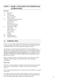 Unit 2 Basic Concepts of Positional Astronomy