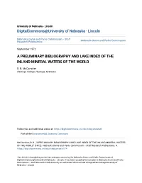 A Preliminary Bibliography and Lake Index of the Inland Mineral Waters of the World