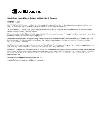 Con Edison Named Most Reliable Utility in North America