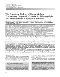 The American College of Rheumatology Preliminary Diagnostic Criteria for Fibromyalgia and Measurement of Symptom Severity