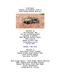 Final Report: Inventory of Invertebrate Fauna in Devils Postpile National Monument