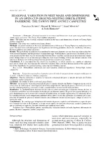 Seasonal Variation in Nest Mass and Dimensions in an Open-Cup Ground-Nesting Shrub-Steppe Passerine: the Tawny Pipit Anthus Campestris