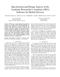 Specification and Design Aspects of the Academic Researcher's Assistant (ARA) Software for Mobile Devices