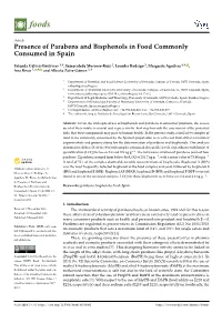 Presence of Parabens and Bisphenols in Food Commonly Consumed in Spain