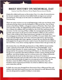 BRIEF HISTORY on MEMORIAL DAY Originally Called and Known As