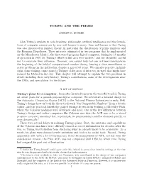 TURING and the PRIMES Alan Turing's Exploits in Code Breaking, Philosophy, Artificial Intelligence and the Founda- Tions of Co