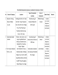 Permitted Enterprises by Myanmar Investment Commission (7/2020) No Name of Company Location Type of Investment