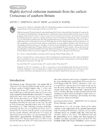 Highly Derived Eutherian Mammals from the Earliest Cretaceous of Southern Britain