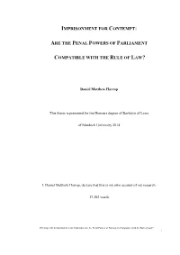 Imprisonment for Contempt: Are the Penal Powers of Parliament Compatible with the Rule of Law? I