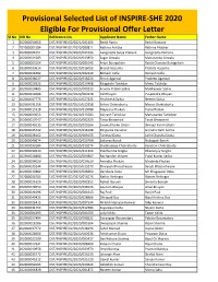 Provisional Selected List of INSPIRE-SHE 2020 Eligible For