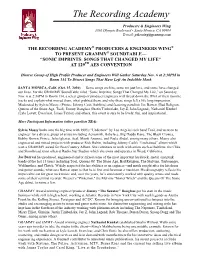 The Recording Academy® Producers & Engineers Wing® to Present Grammy® Soundtable— “Sonic Imprints: Songs That Changed My Life” at 129Th Aes Convention