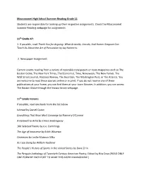 Masconomet High School Summer Reading Grade 11 Students Are Responsible for Looking up Their Respective Assignments. Check the M