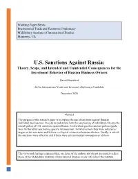 U.S. Sanctions Against Russia: Theory, Scope, and Intended and Unintended Consequences for the Investment Behavior of Russian Business Owners