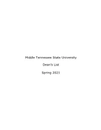 Middle Tennessee State University Dean's List Spring 2021