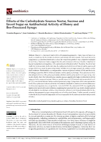 Effects of the Carbohydrate Sources Nectar, Sucrose and Invert Sugar on Antibacterial Activity of Honey and Bee-Processed Syrups