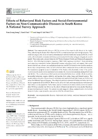 Effects of Behavioral Risk Factors and Social-Environmental Factors on Non-Communicable Diseases in South Korea: a National Survey Approach