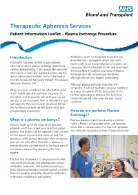 Patient Information Leaflet – Plasma Exchange Procedure