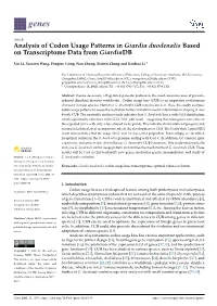Analysis of Codon Usage Patterns in Giardia Duodenalis Based on Transcriptome Data from Giardiadb