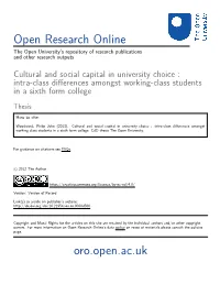 Cultural and Social Capital in University Choice : Intra-Class Differences Amongst Working-Class Students in a Sixth Form College