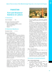 Section II: Summary of Periodic Report on the State of Conservation of Lahore Fort, Pakistan, 2003