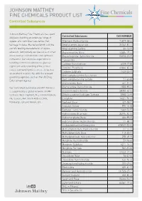 JOHNSON MATTHEY FINE CHEMICALS PRODUCT LIST Controlled Substances