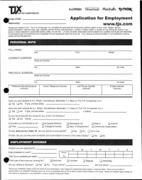 Application for Employment Vvww.Tjx.Com