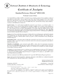 Portland Cement Clinker Standard Reference Materials Certificate Of