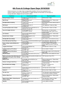 6Th Form & College Open Days 2019/2020