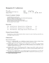 Benjamin D. Leibowicz: Curriculum Vitae
