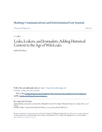 Leaks, Leakers, and Journalists: Adding Historical Context to the Age of Wikileaks Sandra Davidson