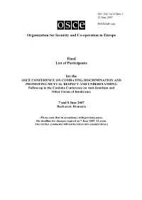 Organization for Security and Co-Operation in Europe Final List of Participants For