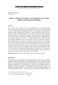 British Architecture of Lahore: an Introductory Note of Their Religious and Educational Buildings